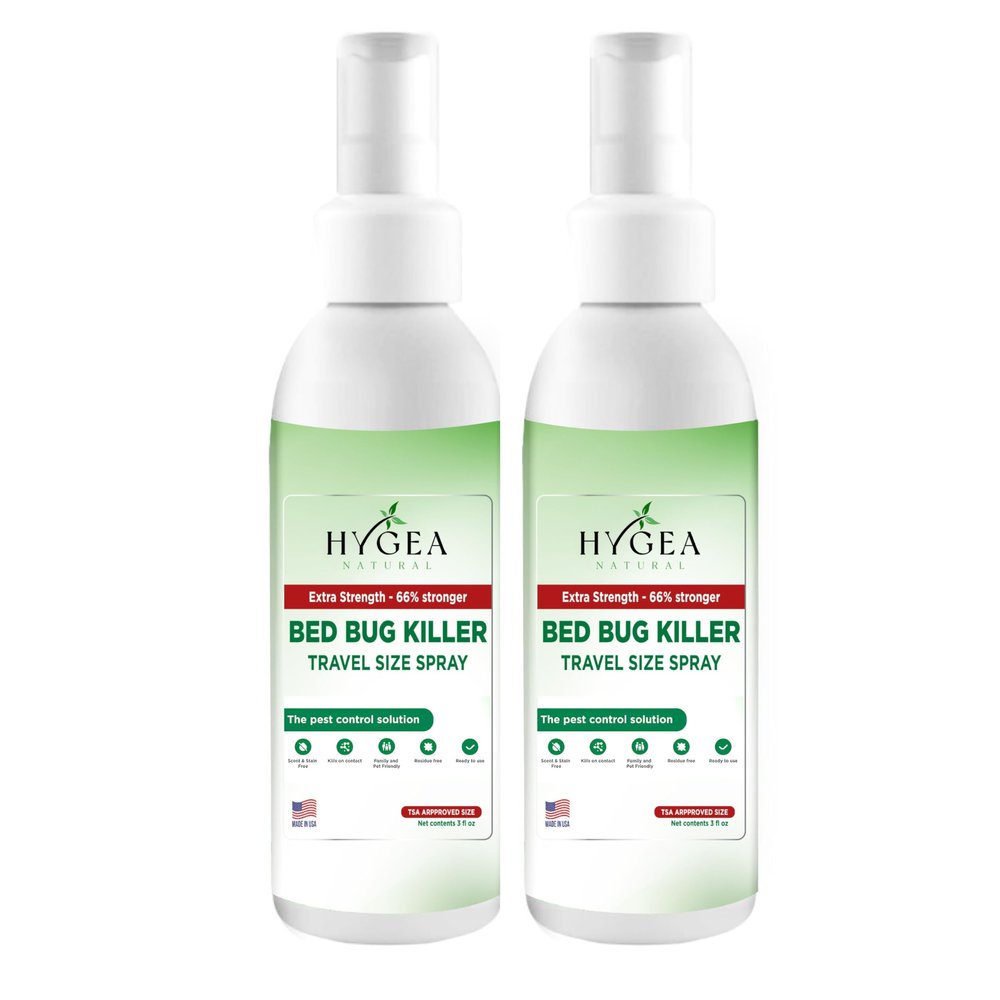 Hygea Natural Extra Strength Bed Bug Killer & Mite Travel Spray - TSA Approved Size - Child & Pet Friendly - Stain & Odor Free - for Hotel, Suitcase, Backpack, Shoes - 66% Stronger Formula(2pk, 3 oz)