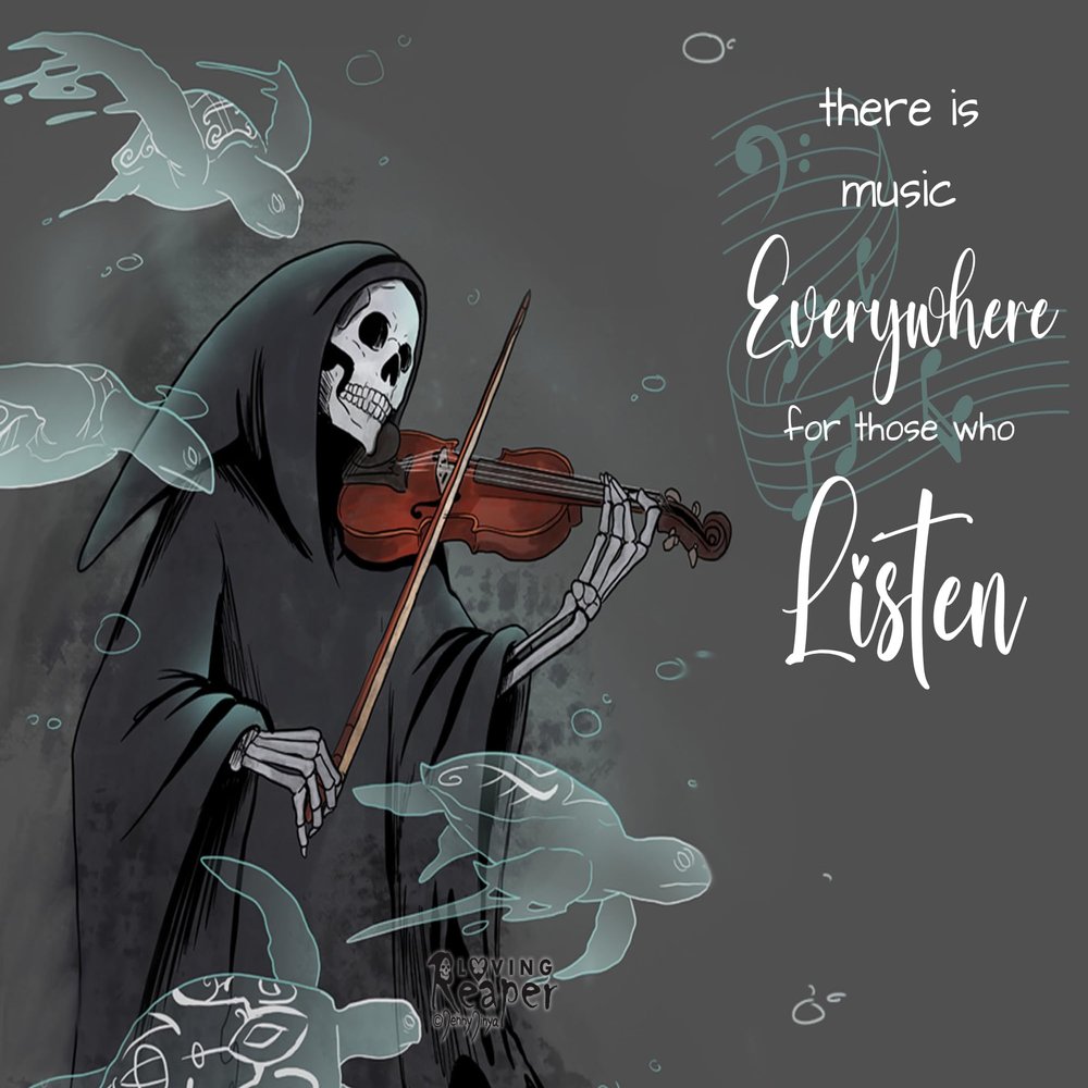Loving Reaper Grim Reaper There is music playing Edible Icing Sheets- Assorted Image Cake Toppers-Frosting Sheets- Cookies- Cupcake Toppers (3 Inch Round 6 Per Sheet)