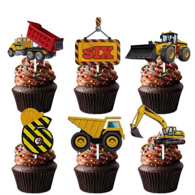 18pcs Gold Glitter Dessert Cupcake Topper Pick for Construction Tool Worker Six Years Old Theme Decor Supplies Kids Happy 6th Birthday Party Decorations