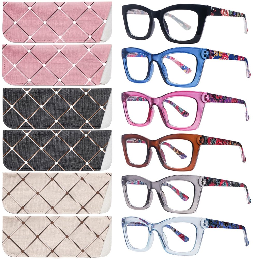 SIGVAN Oprah Style Reading Glasses for Women, Blue Light Blocking Oversized Square Computer Readers with Spring Hinge (6 Mix, 1.5, multiplier_x)