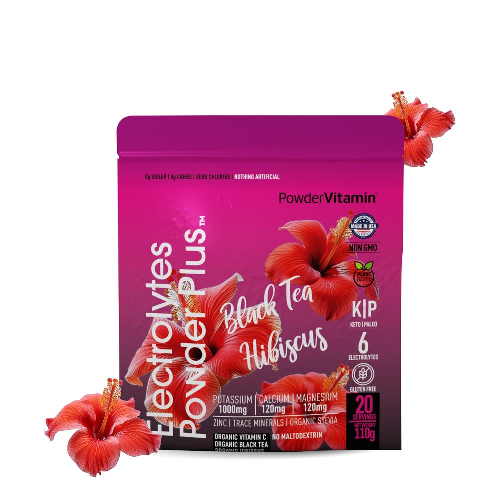 PowderVitamin Electrolytes Powder Plus (20 Servings) Black Tea Hibiscus Electrolyte Powder Keto, Sugar Free, Pink Himalayan Salt,1000mg Potassium,120mg Calcium,120mg Magnesium, Hydration Powder