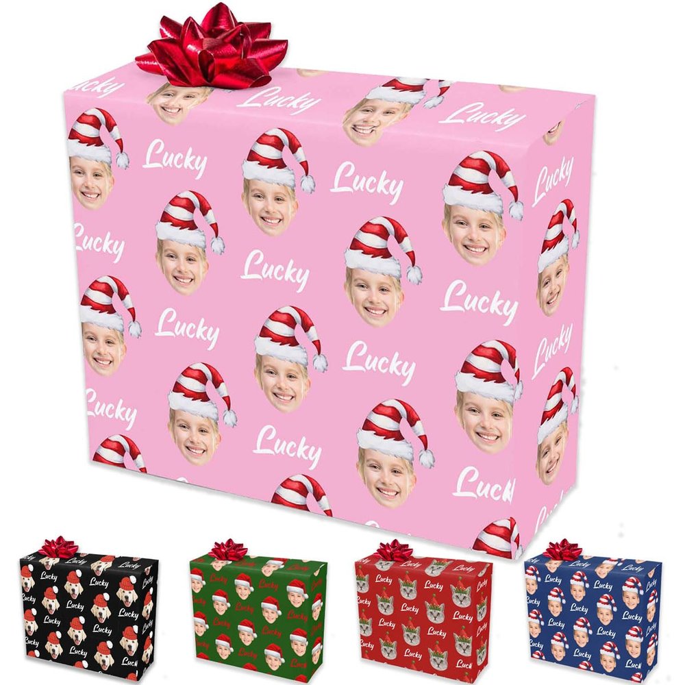 xmeasecos Personalized Name Christmas Wrapping Paper with Photo, Custom Christmas Gifts Packing Paper for Boys Girls, Customized Gift Wrap Paper Rolls Xmas Paper for Kid Men Women Birthday Party Black