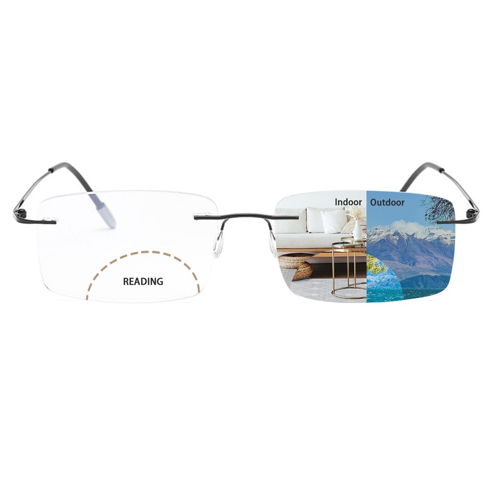 Myfeasy Photochromic Bifocal Reading Glasses Titanium Frameless Men's Reading Glasses UV400 Anti-blue Light Glasses