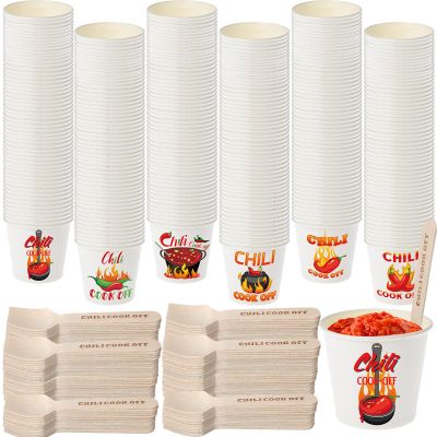 Tkifoda 600 Pcs 3 oz Chili Cook Off Cups 300 Pcs Disposable Paper Chili Tasting Cups Food Sample Cups 300 Pcs Wooden Spoons for Chili Cook off Decorations Mexican Party Supplies