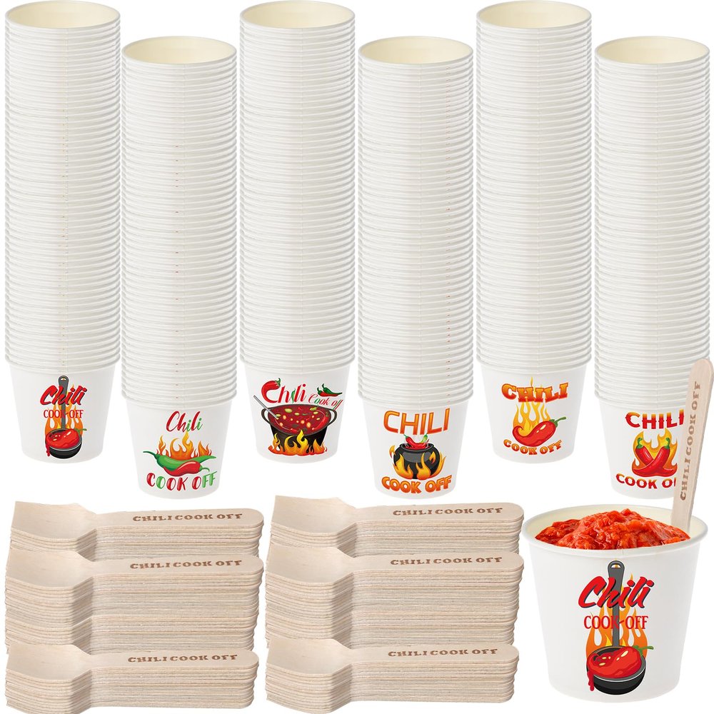 Tkifoda 600 Pcs 3 oz Chili Cook Off Cups 300 Pcs Disposable Paper Chili Tasting Cups Food Sample Cups 300 Pcs Wooden Spoons for Chili Cook off Decorations Mexican Party Supplies