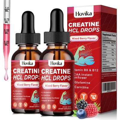 Hovika Creatine HCL Liquid Drops for Men & Women, Creatine Hydrochloride with L-Carnitine, L-Glutamine, BCAA, Vitamin B12 & B6 for Muscle Growth & Recovery-Vegan, Mixed Berry Flavor Flavor, 4 Fl Oz