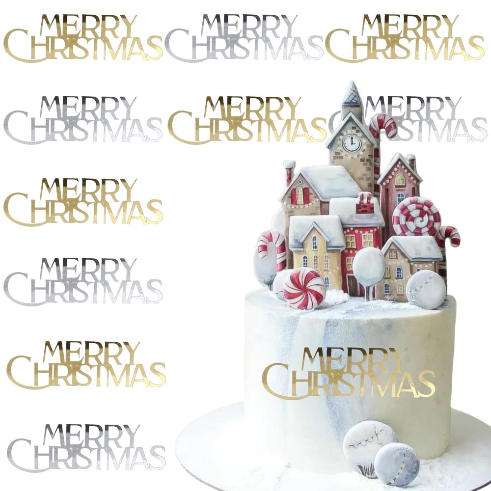 10Pcs Christmas Cake Toppers - Acrylic Mirror Merry Christmas Cake Engraved Toppers for Xmas Party Dessert DIY Decor (Gold Silver)