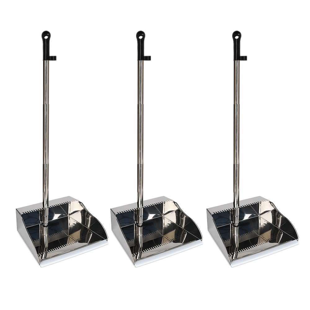3 Pack Stainless Steel Dustpan Metal Dustpan with Handle Heavy Duty Dust Pan Upright Dust Pan for Home Office Lobby