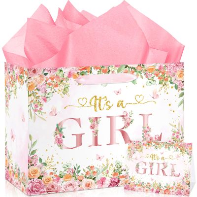 Wayyogh Baby Shower Paper Bag, Rose Gold Floral 'It's a Girl' Gift Bag with Wrapping Tissue Paper, Greeting Card and Handle for Girls' Baby Shower, Birthday Party Favors Decorations Supplies