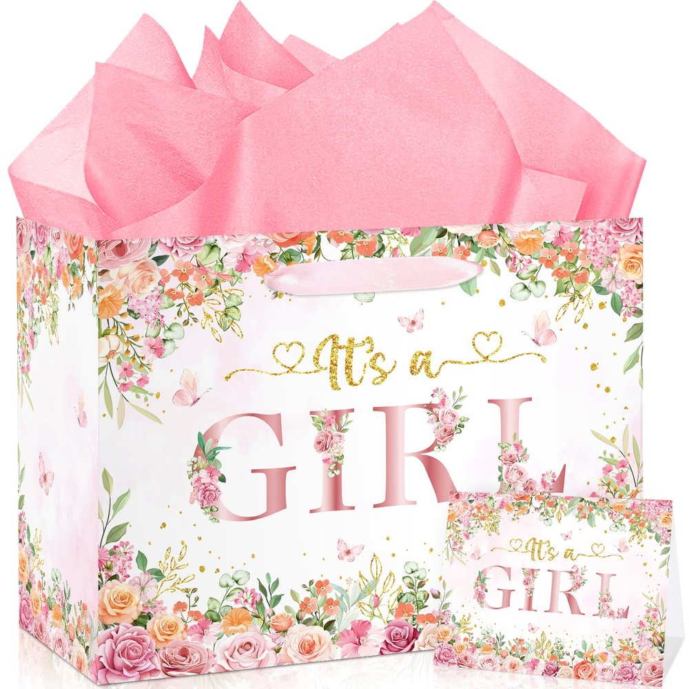 Wayyogh Baby Shower Paper Bag, Rose Gold Floral 'It's a Girl' Gift Bag with Wrapping Tissue Paper, Greeting Card and Handle for Girls' Baby Shower, Birthday Party Favors Decorations Supplies