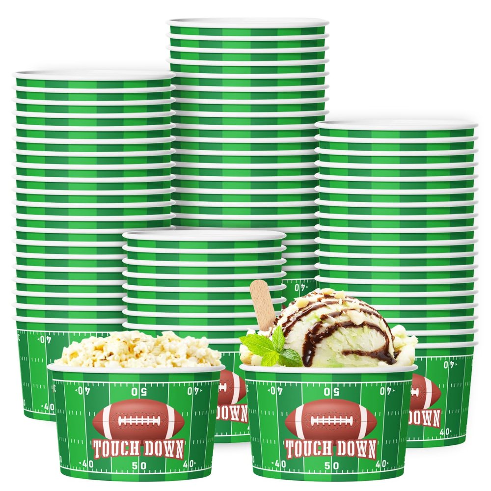 100 Pieces Football Snack Bowls Green Football Bowl Game Day Football Bowls Party Supplies Disposable Serving Bowls Football Paper Bucket for Football Theme Dinners Sports Event Party Dinners 9 oz