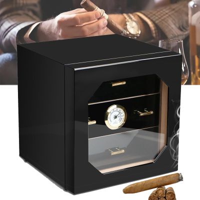 Cigar Humidor, Cedar Wood Cigar Box, Humidor With Hygrometer And Removable Cedar Tray, Black High-Gloss Piano Paint, Cigar Accessories, Holds 50-70 Cigars, Cigar Gifts For Men