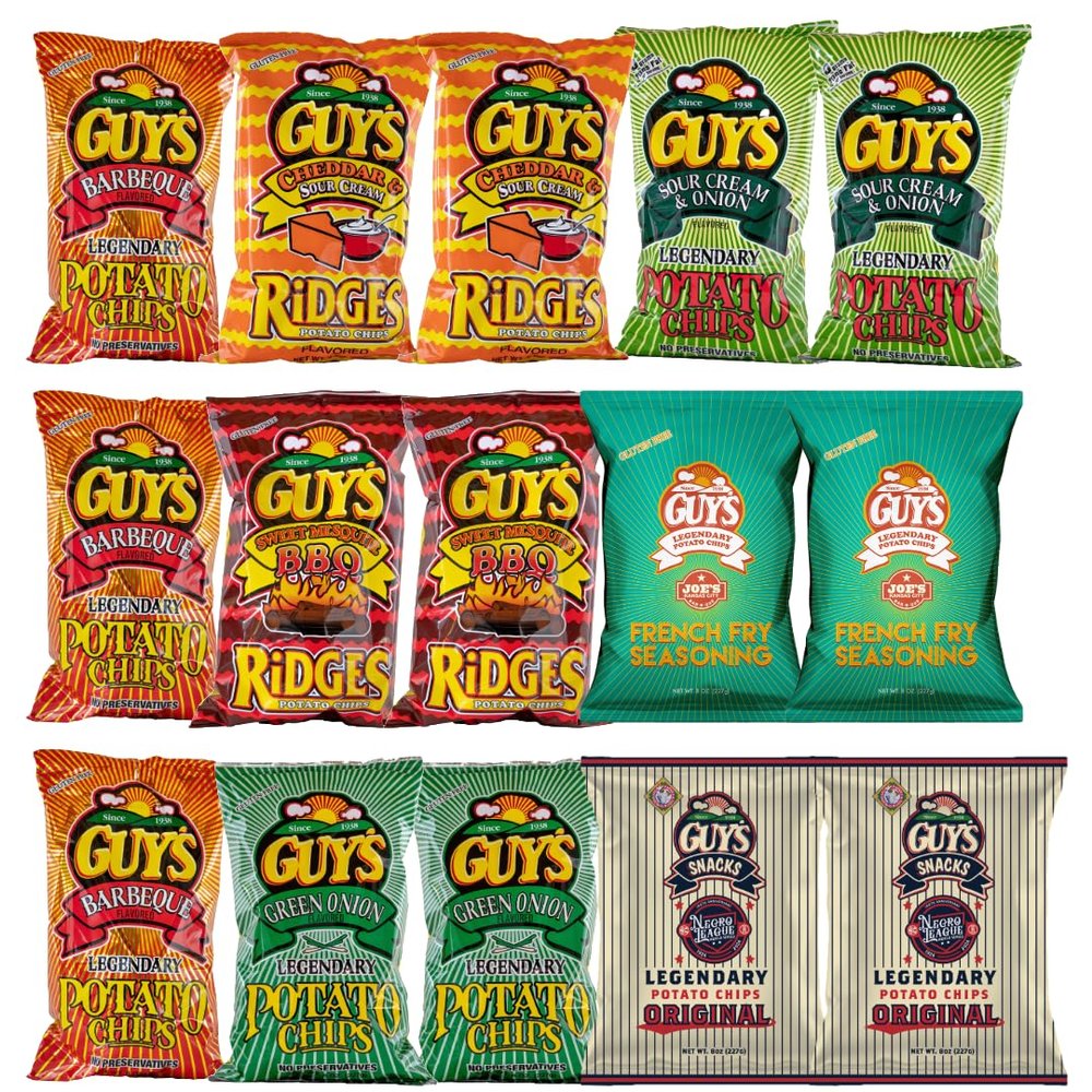 Guys BBQ Potato Chips  Healthy & Salty Snacks w/a Unique Blend of Spices  Natural Potato Snack Chips Tasty Snack Pack Chips  Potato Chips Snack Packs (8 oz Bag, Pack of 15)