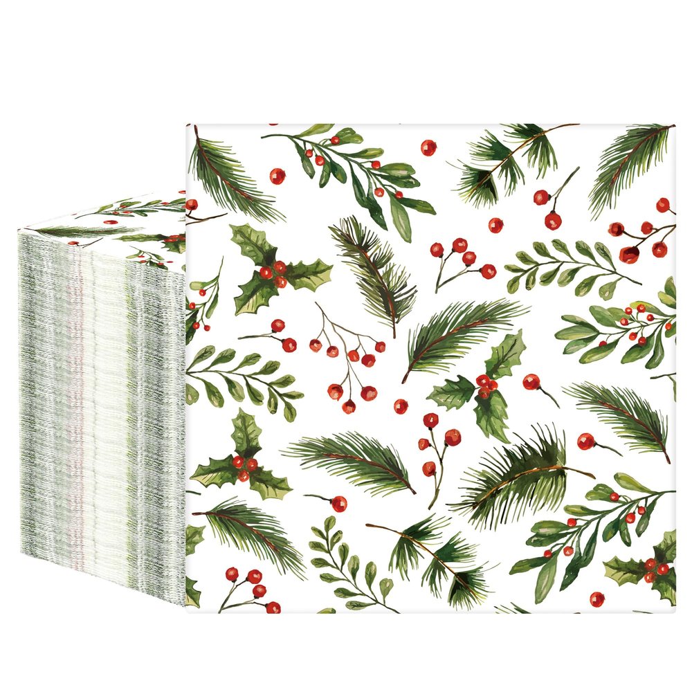 100 PCS Christmas Luncheon Napkins Xmas Berries and Pine Disposable Napkin 3-Ply Holly Berry Greenery Paper Napkins for Christmas Home Kitchen Holiday party Supplies