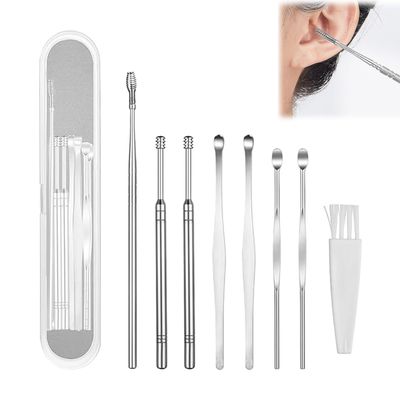 8 Pcs Ear Pick Earwax Removal Kit, Ear Cleaning Tool Set, Ear Cleaner Curette Ear Wax Remover Tool with a Cleaning Brush (Sliver)