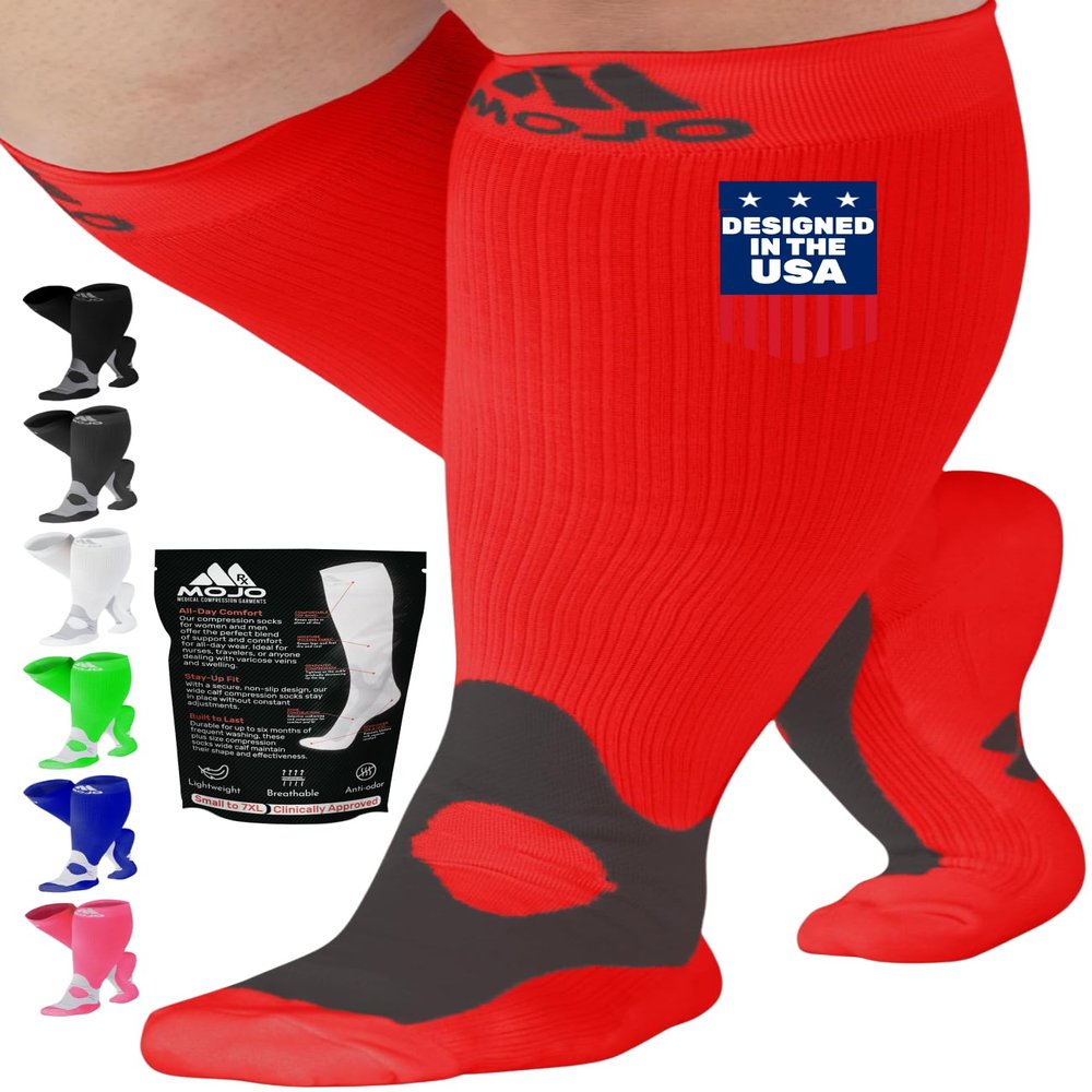 Mojo Compression Socks for Women and Men 20-30mmHg Knee High - Medical Graduated Knee High Compression Stockings for Bariatric Surgery Recovery, Swelling, Edema - Red, Medium - A601