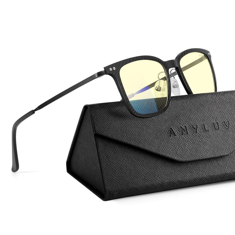 ANYLUV Blue Light Glasses Men, Stylish Square Carbon Fiber Eyewear, Anti Eyestrain, Lightweight Mens Computer Gaming Glasses