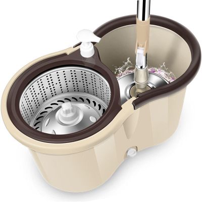 VALCLA Mop Bucket Household Rotary Mop Bucket with Pier Cloth Mop Set Wet and Dry Mop Cloth Not Hand Washing Floor Mopping(Khaki)