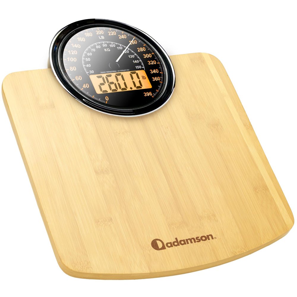 Adamson Hybrid 2-in-1 Analog & Digital Weighing Scale for Body Weight up to 400lbs - Thick Tempered Glass - Extra Large Display - Easy to Read Digital Bathroom Scale - New - Wood