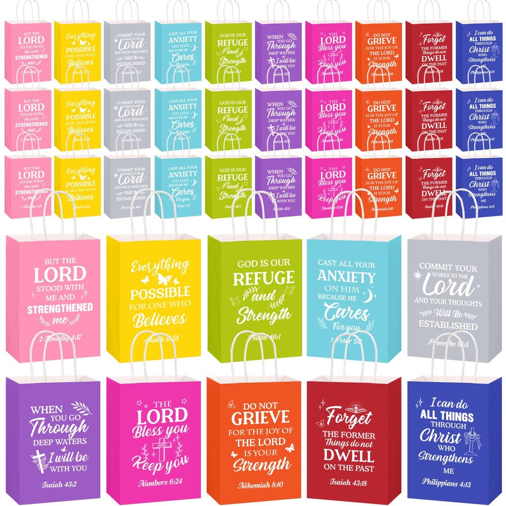 Chiisong 100 Pcs Christian Gift Bags Religious Bible Verse Treat Bags with Handles Inspirational Scripture Church Bag for Sunday School Women Wedding Birthday Party Favor(Multicolor)