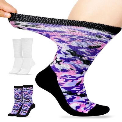 Artdear Diabetic Socks for Men & Women - 2 Pairs Non Binding Extra Wide Colorful Crew Socks for Swollen Feet Seamless Toe Loose Fit (White & Pink Camo, Large)