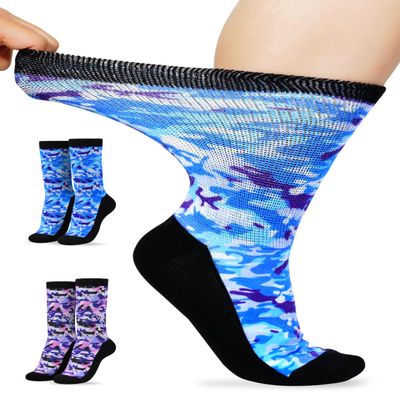 Artdear Diabetic Socks for Men & Women - 2 Pairs Non Binding Extra Wide Colorful Crew Socks for Swollen Feet Seamless Toe Loose Fit (Ocean/Pink Camo, X-Large)