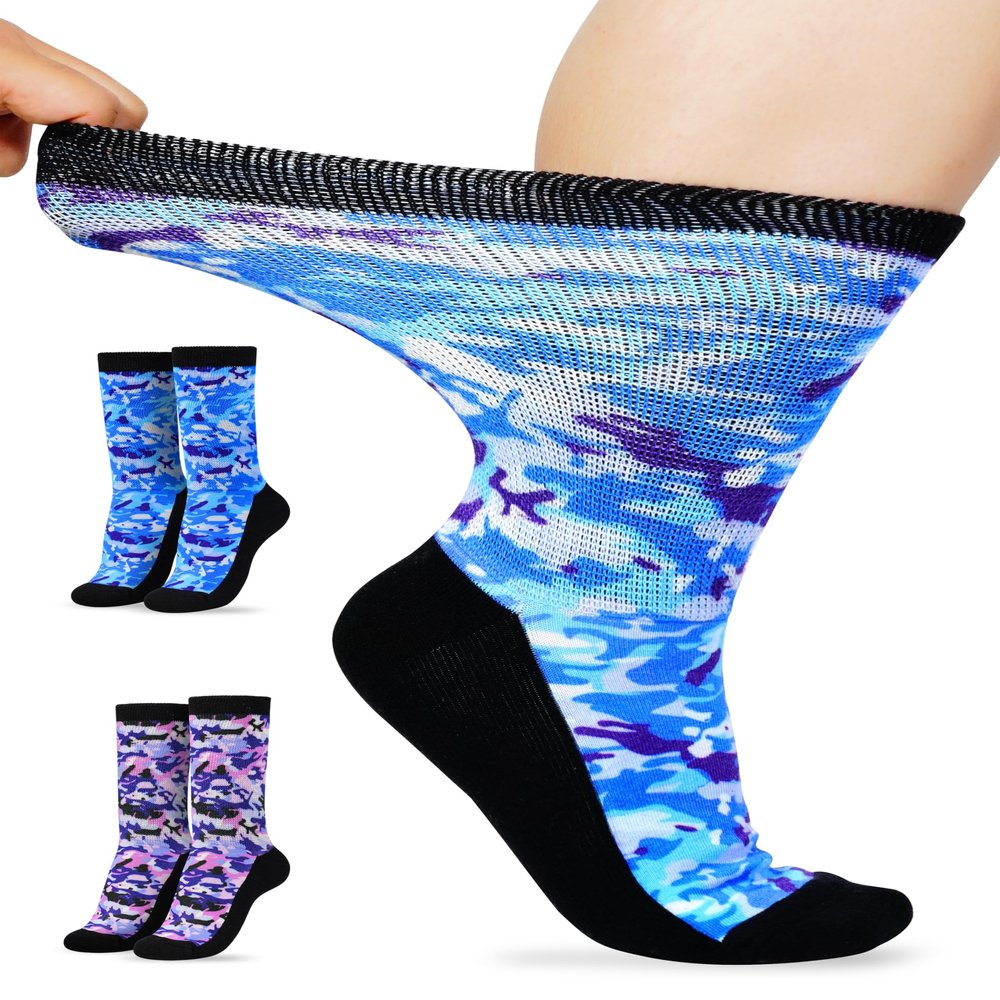 Artdear Diabetic Socks for Men & Women - 2 Pairs Non Binding Extra Wide Colorful Crew Socks for Swollen Feet Seamless Toe Loose Fit (Ocean/Pink Camo, X-Large)