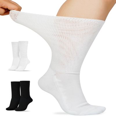 Artdear Diabetic Socks for Men & Women - 2 Pairs Viscose Non Binding Extra Wide Crew Socks for Swollen Feet Seamless Toe Loose Fit (Black & White, Large)