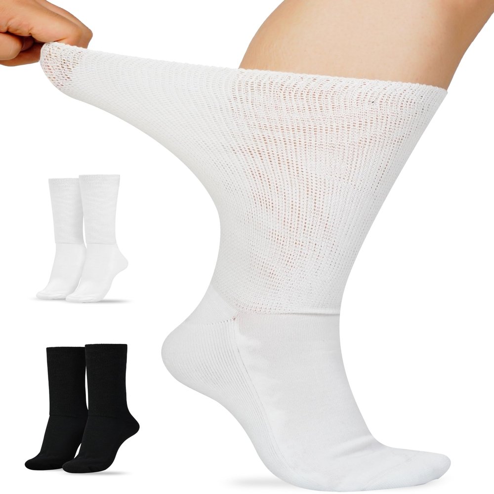 Artdear Diabetic Socks for Men & Women - 2 Pairs Viscose Non Binding Extra Wide Crew Socks for Swollen Feet Seamless Toe Loose Fit (Black & White, Large)