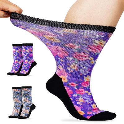 Artdear Diabetic Socks for Women - 2 Pairs Non Binding Extra Wide Colorful Crew Socks for Swollen Feet Seamless Toe Loose Fit (Floral & Leopard, X-Large)