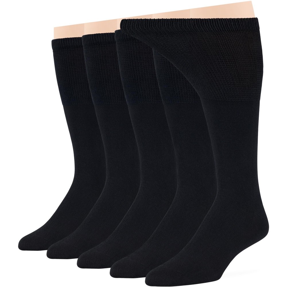 7BigStars Men Diabetic Loose Dress Business Cotton Mid Calf Socks - 5 Pack Large - Solid Casual - Sock Size 10-13 Shoe Size 9-12 L Black