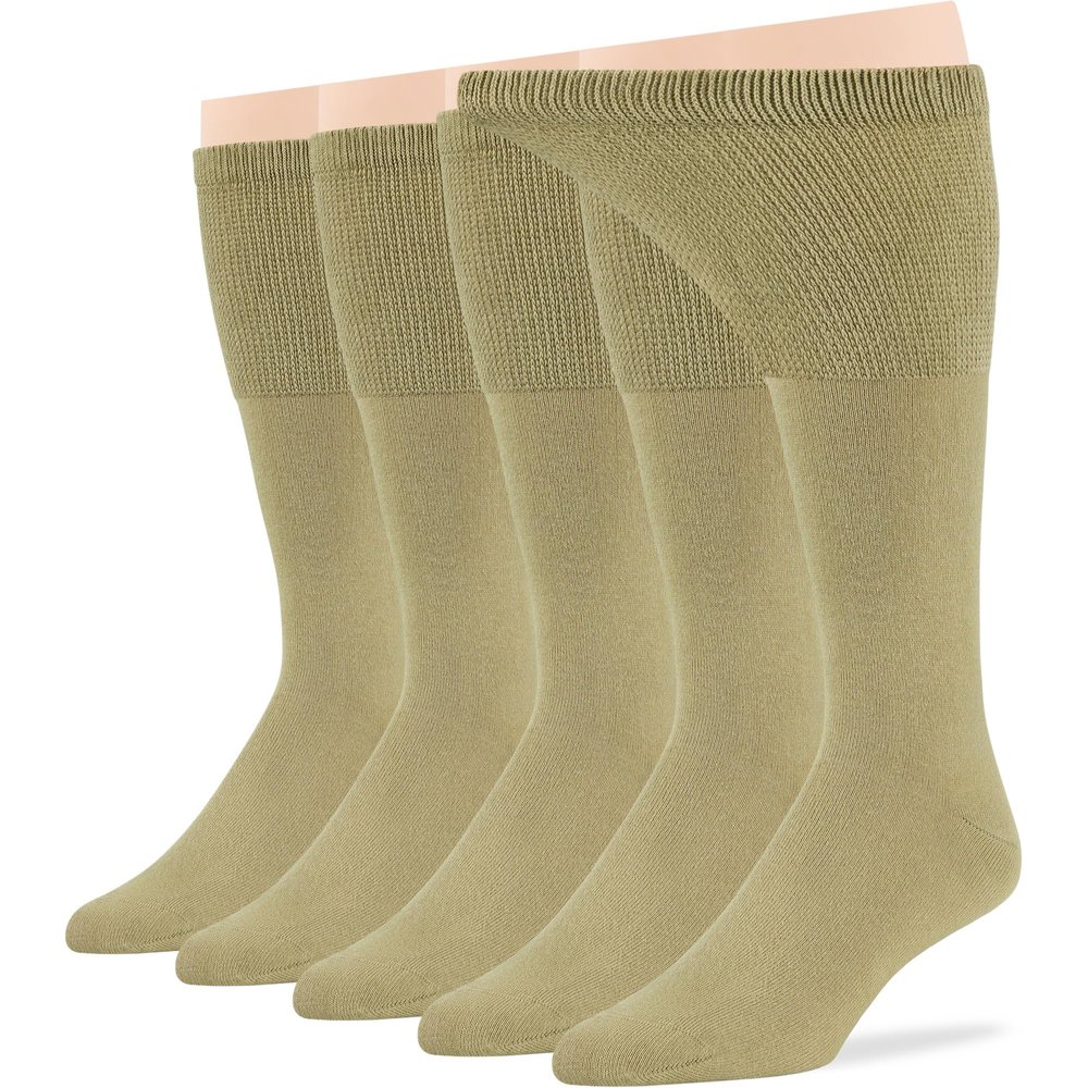 7BigStars Men Diabetic Extra Wide Dress Business Cotton Mid Calf Socks - 5 Pack Large - Solid Casual - Sock Size 10-13 Shoe Size 9-12 L Khaki