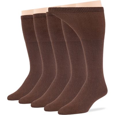 7BigStars Men Diabetic Loose Dress Seamless Cotton Mid Calf Socks - 5 Pack Large - Solid Casual - Sock Size 10-13 Shoe Size 9-12 L Brown