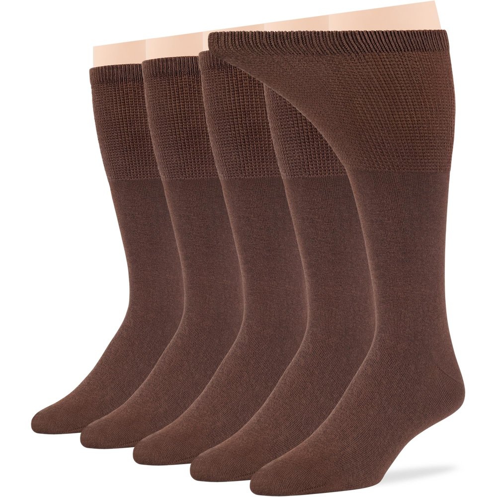 7BigStars Men Diabetic Loose Dress Seamless Cotton Mid Calf Socks - 5 Pack Large - Solid Casual - Sock Size 10-13 Shoe Size 9-12 L Brown