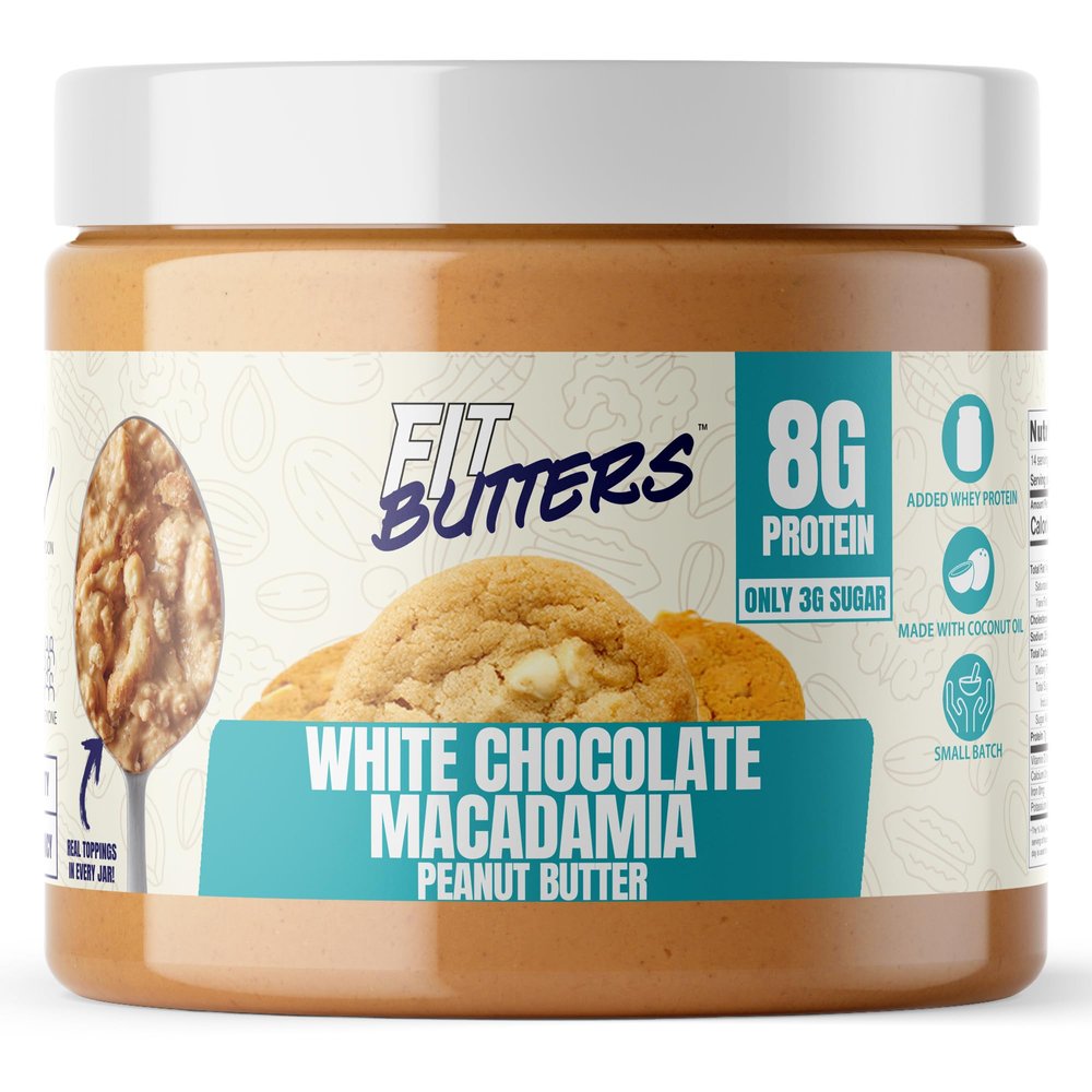 Fit Butters White Chocolate Macadamia Peanut Butter - Added Protein and Coconut Oil, Low Carb, Low Sugar, Complete Protein Dessert Flavored Nut Butter
