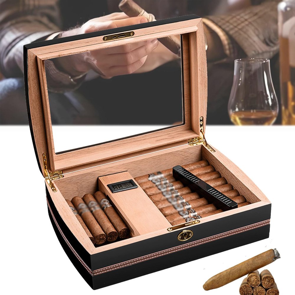 Cigar Humidor, Portable Cedar Wood Cigar Box, With Hygrometer And Humidifier, Cedar Lined, Black High-Gloss Piano Paint, Cigar Accessories, Holds 75 Cigars, Cigar Gifts For Men