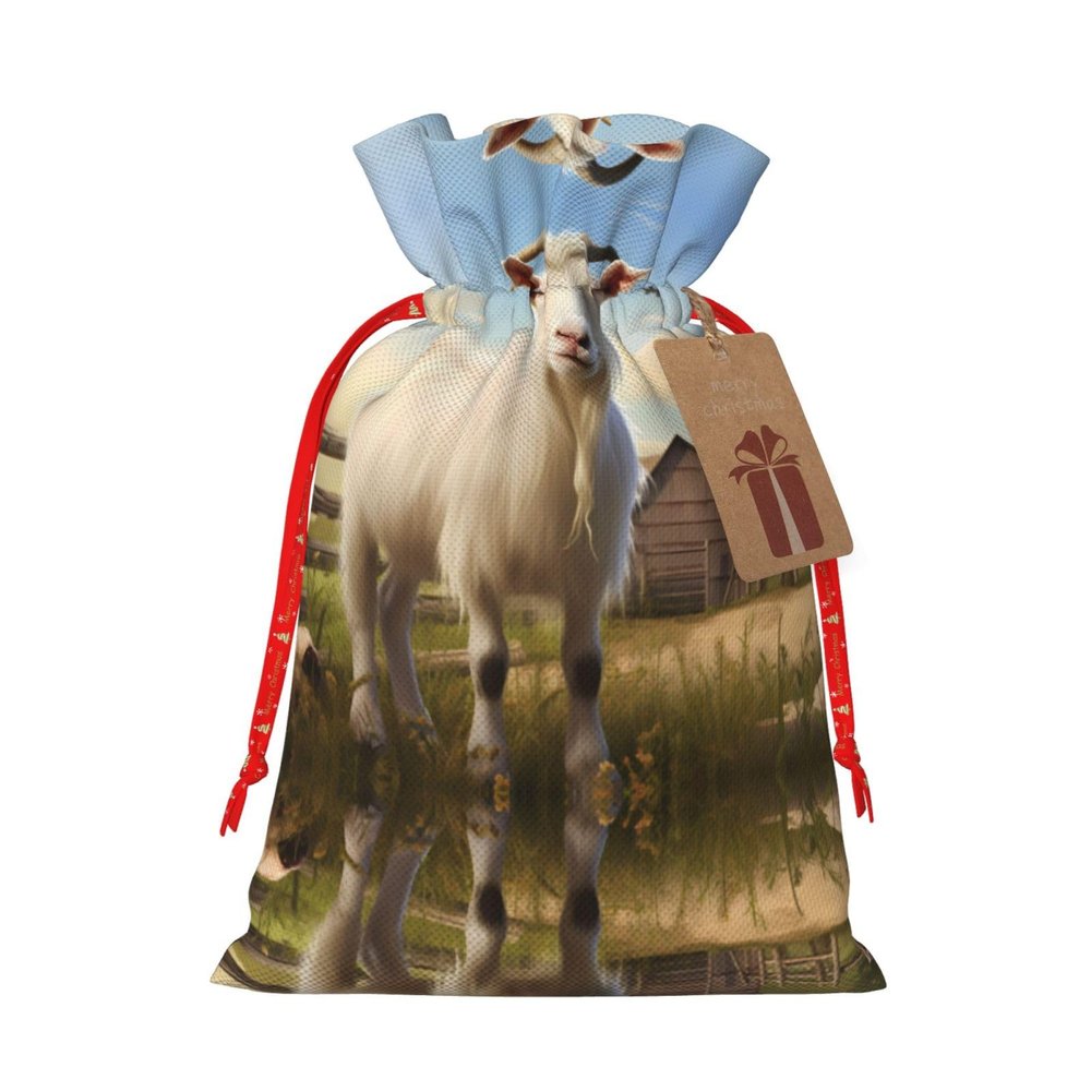 Kingnoyi Farm Animal Goat Christmas Burlap Drawstring Gift Bag, Extra Large, Reusable, Lightweight And Durable