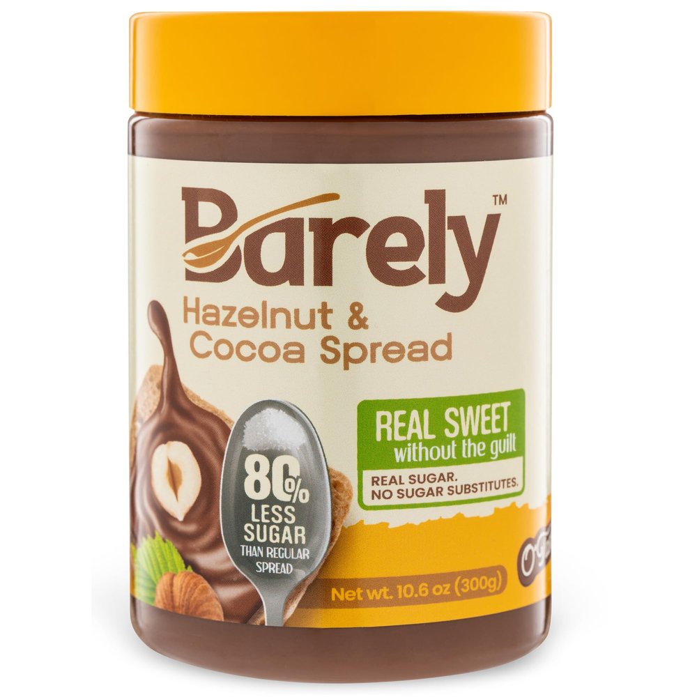 Hazelnut & Cocoa Spread by Barely, Low Sugar & No Artificial Sweeteners, Vegan, Keto Friendly, Delicious Chocolate Spread & Dessert Dip  High in Fiber with just 3.2 g Cane Sugar per Serving (1-Pack)