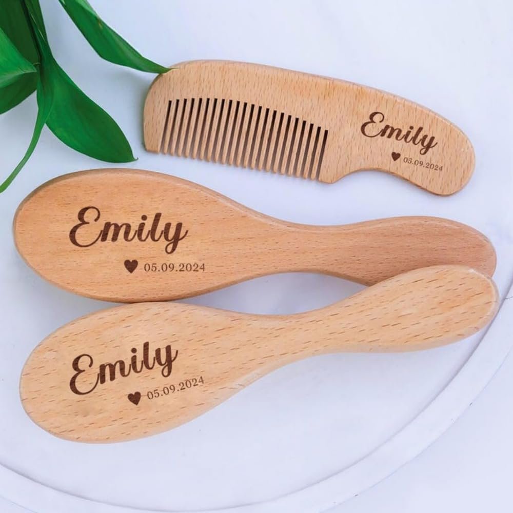 Personalized Baby Brush and Comb Set for Newborn Wooden Baby Brush Set Personalized Baby Gifts for Girls Boys Soft Baby Hair Brush Set (1pcs)