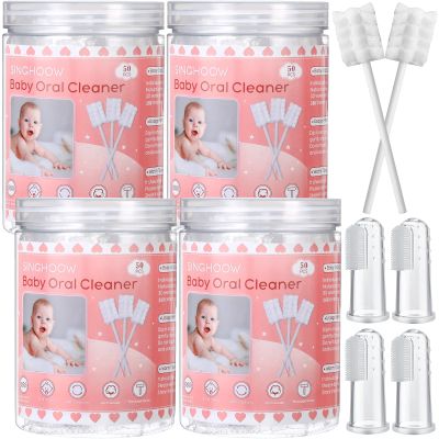 Singhoow 200 Pieces Baby Tongue Cleaner Disposable Infant Oral Cleaner with 4 Pieces Finger Toothbrush Soft Gauze Baby Mouth Newborn for Tooth Mouth Dental Care(Pink)