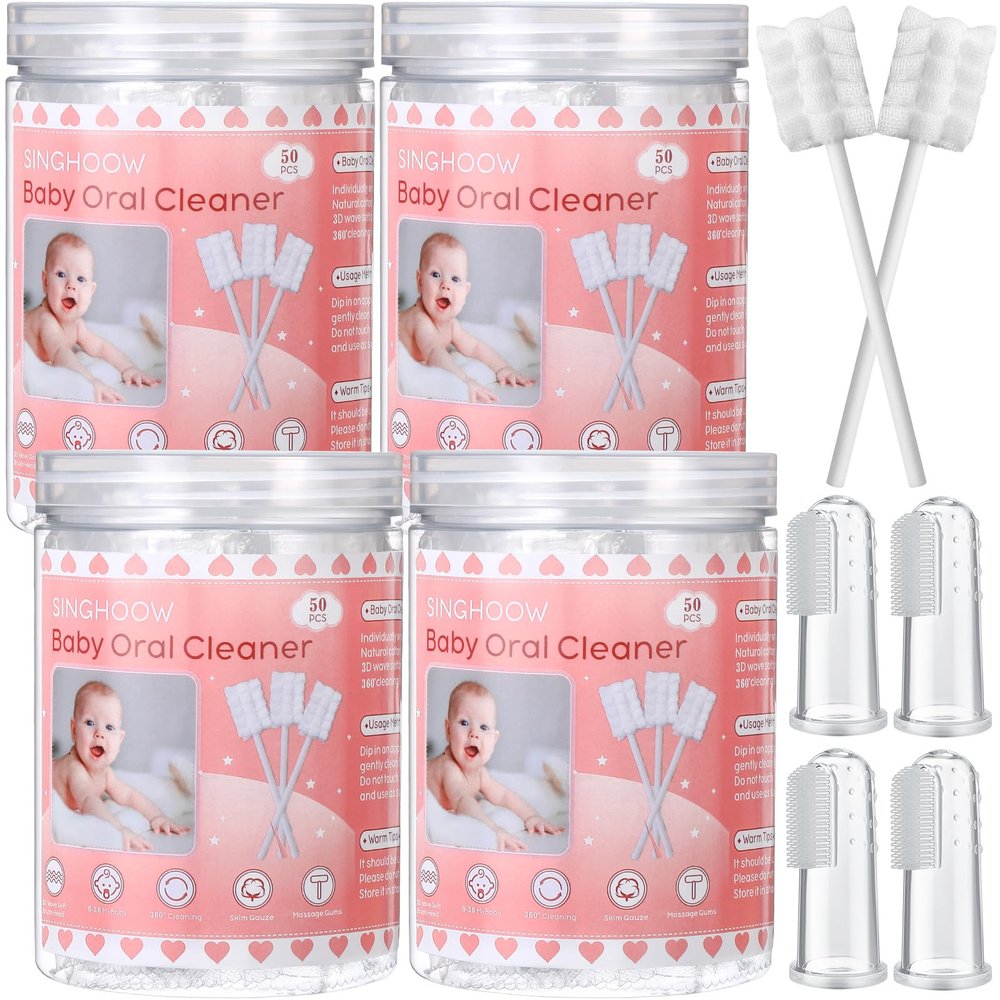 Singhoow 200 Pieces Baby Tongue Cleaner Disposable Infant Oral Cleaner with 4 Pieces Finger Toothbrush Soft Gauze Baby Mouth Newborn for Tooth Mouth Dental Care(Pink)