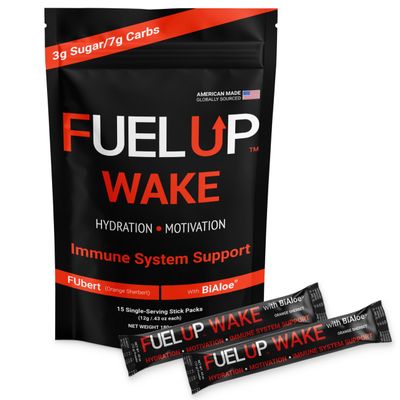Fuel Up Wake Electrolyte Powder with BiAloe & 180mg Natural Caffeine | Coffee Alternative Energy Drink | No Jitters No Crash | 15 Single-Serve Stick Packs | Orange Sherbet