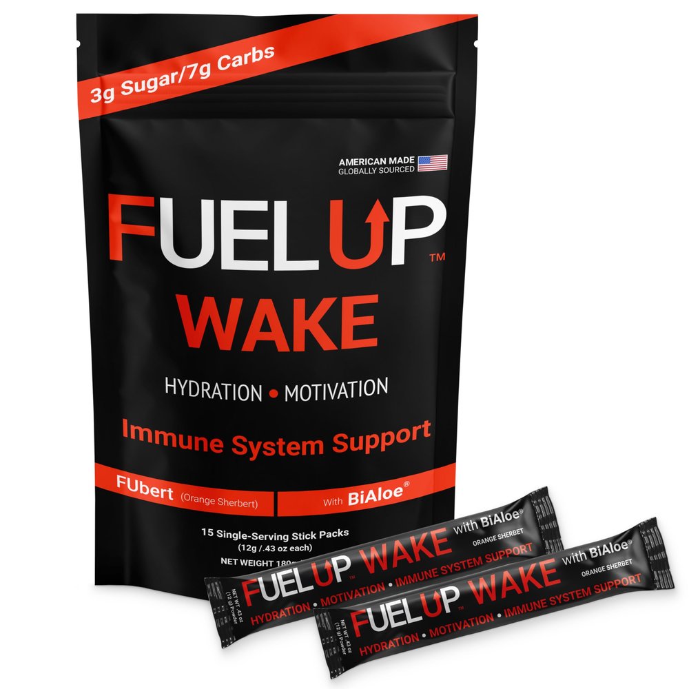 Fuel Up Wake Electrolyte Powder with BiAloe & 180mg Natural Caffeine | Coffee Alternative Energy Drink | No Jitters No Crash | 15 Single-Serve Stick Packs | Orange Sherbet