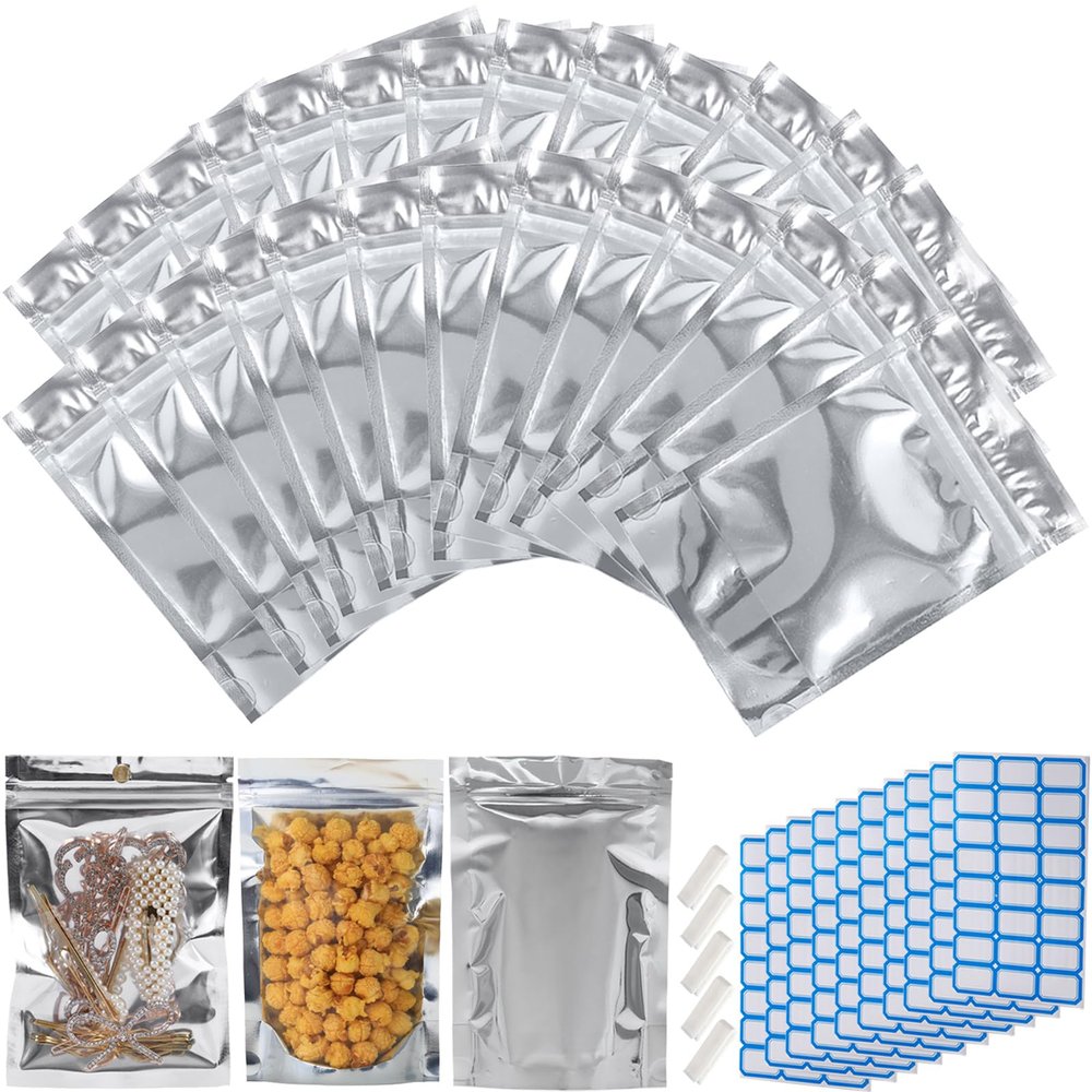 400-Pack Reclosable Large Mylar Bags for Food Storage 4.7" x 8" Stand Up Pouch Bags in Bulk Resealable Smell Proof Aluminum Silver Foil Bags with Clear Window Kitchen Storage Edible Packaging