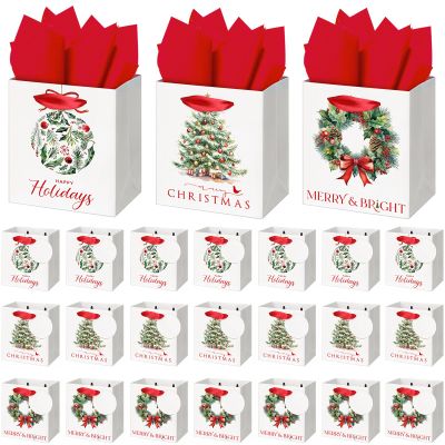 Aliceset 24 Pack Mini Christmas Gift Bags with Handles Extra Small Vintage Christmas Gift Bags with Tag Tissue Paper White Red Assorted Styles 4.5x4x2.75'' for Holiday Presents Giving Retail