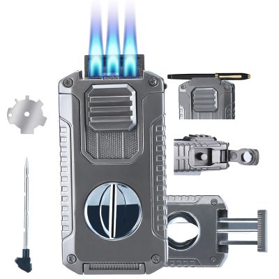 Vrufamt Refillable Butane Torch Lighter with Built-in Holder and 3 Jet Flame - All-in-1 Tool for Men (Butane not Included)