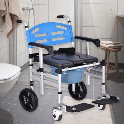 YQDDM Bedside Commode Chair, Portable Rolling Shower Chair with Wheels, Height Adjustable & Flip-up Footrest, Shower Wheelchair for Elder, Disabled People, 350 lb. Weight Capacity