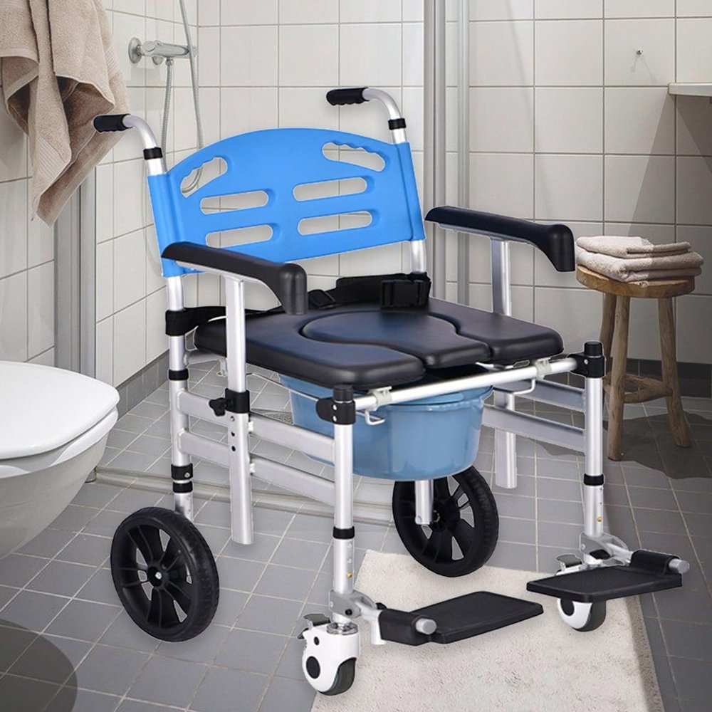 YQDDM Bedside Commode Chair, Portable Rolling Shower Chair with Wheels, Height Adjustable & Flip-up Footrest, Shower Wheelchair for Elder, Disabled People, 350 lb. Weight Capacity