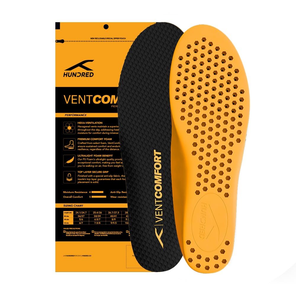 Hundred VentComfort Performance Insoles | Honeycomb Ventilation | Odourless |Shock Absorption Cushioning | Personalized Comfort for Any Shoe | Unisex | 1 Pair (8 UK / 9 UK)