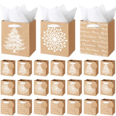 Aliceset 24 Pack Mini Christmas Gift Bags with Handles Extra Small Rustic Christmas Kraft Gift Bags with Tag Tissue Paper Brown Assorted Styles 4.5x4x2.75'' for Holiday Presents Giving Retail